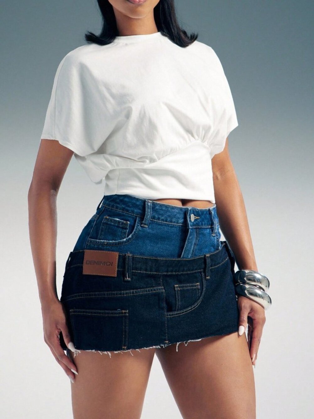 Dark Wash Casual Women's Stacked Waist Low Rise Raw Hem Denim Micro Mini Skirt